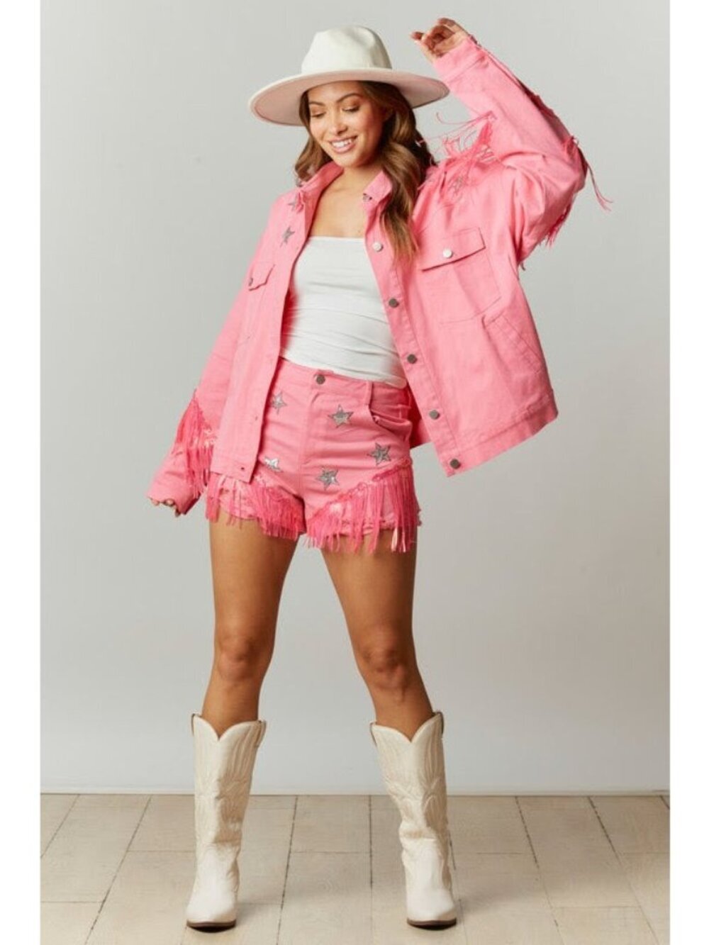 Western Diva Star Sequin Patch Fringe Jacket in Pink - Picture 9 of 9